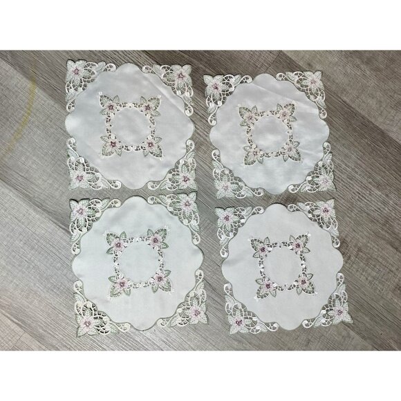 Set Of 4 Embroidered Doilies Pink Green Floral Lattice 9” Square NEW - Picture 7 of 10
